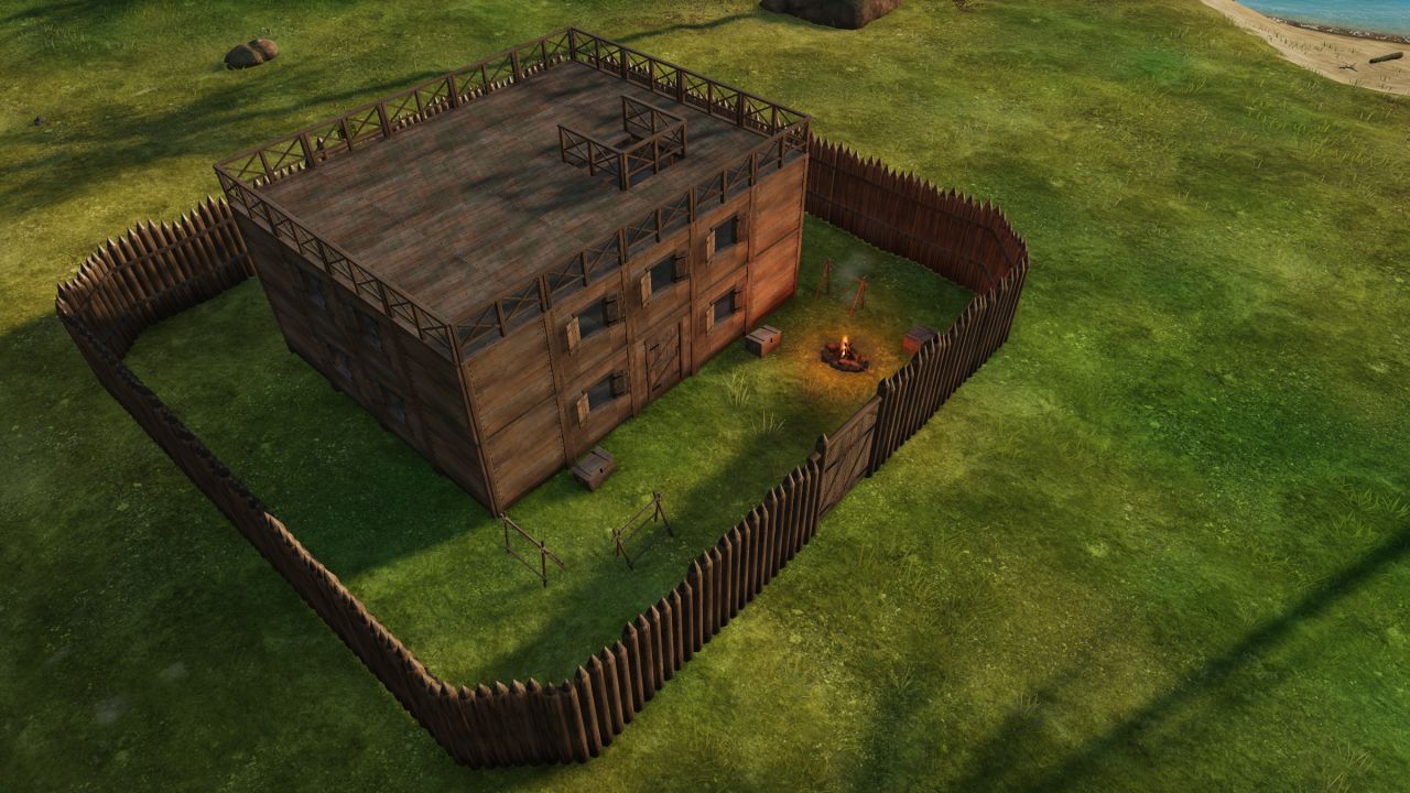 A two-storey timber base with shuttered windows, a railed roof terrace and a palisade yard
