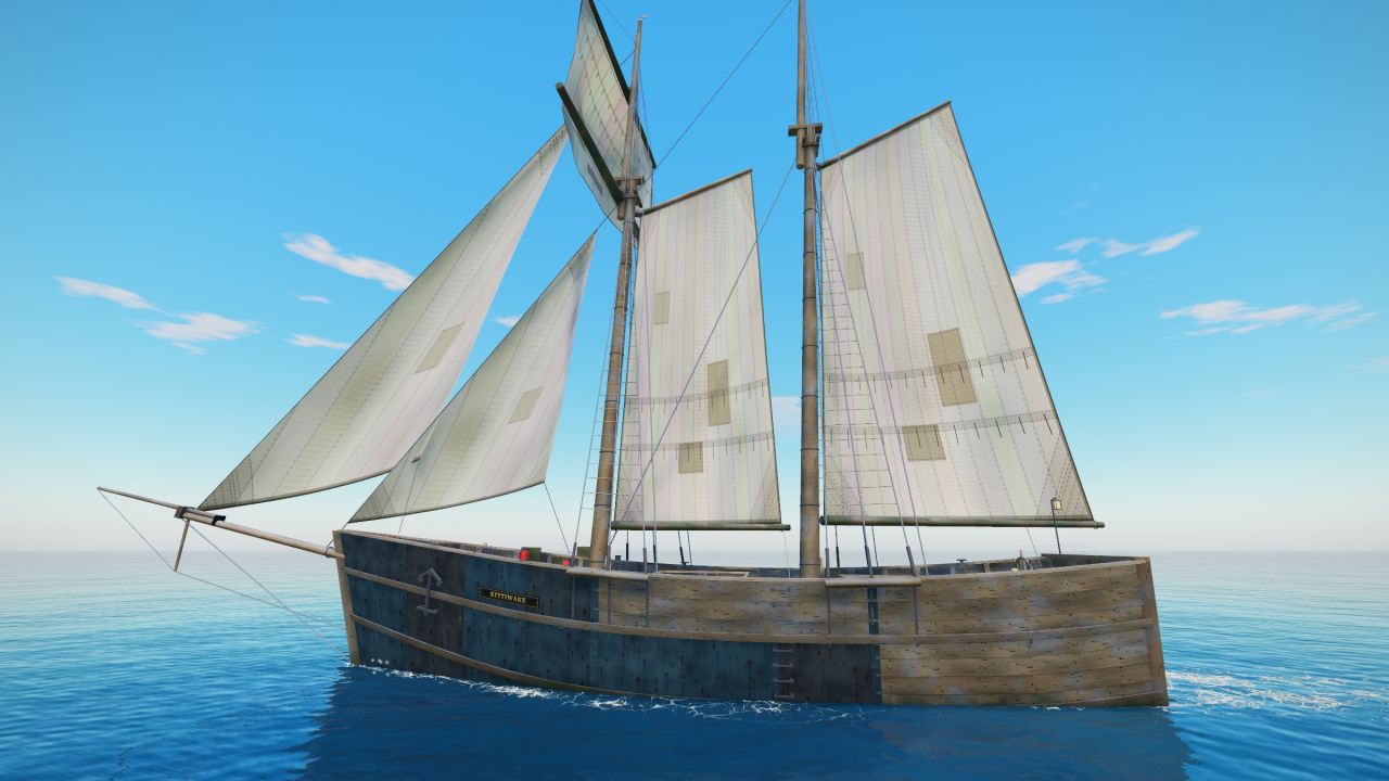 The Modular Schooner under sail, seen from the water
